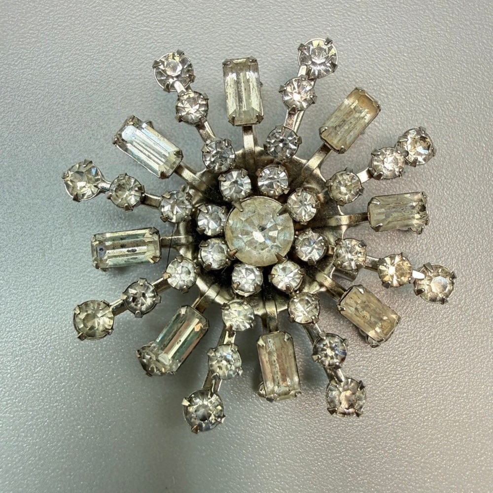 Vintage Silver Tone Rhinestone Atomic Starburst Brooch MCM Glam